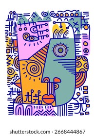 Abstract face portrait doodle, decorative, geometric, cubism style hand drawn vector illustration. Aesthetic art print, wall art, poster and cards design.
