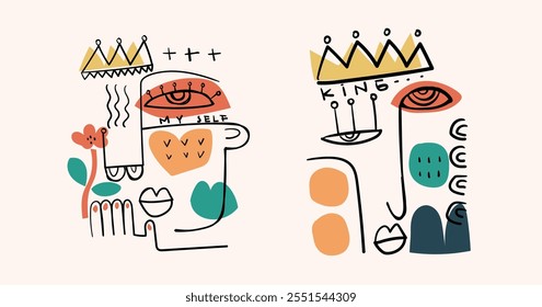 Abstract face portrait doodle line art hand drawn vector illustration. Aesthetic design for art print, decoration, cards, poster and wall art.