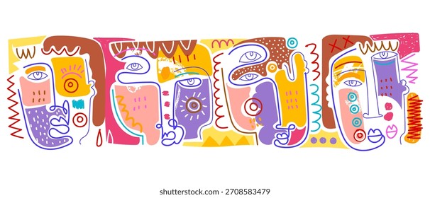 Abstract face portrait doodle line art hand drawn vector illustration for art print, wall art, decoration, banner and poster.