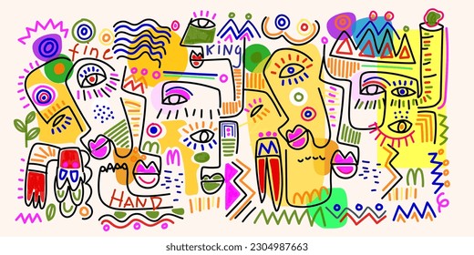 Abstract face portrait female and male line art shapes and doodles hand drawn vector illustration for fashion design glamour beauty line art.