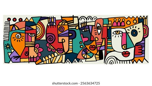 abstract face portrait geometric decorative doodle outlines vector illustration. Line art aesthetic design for wall art, prints, poster, cover, decoration and background.