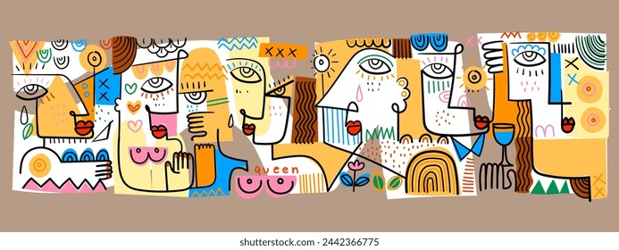 Conjunto de ilustraciones vectoriales de dibujo de línea de garabatos y formas geométricas de retrato de cara abstracto.  Diseño para arte de pared, impresión de arte, cartel, tarjeta.