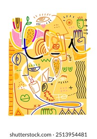 Abstract face portrait geometric, shapes, doodle line art vector illustration. Aesthetic design for art print, cover, poster, decoration, cards and print.