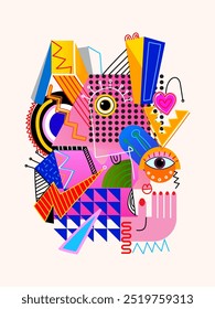 Abstract face portrait geometric, shapes and doodle outline hand drawn vector illustration. Contemporary trendy art design for art print, wall art, cover, poster, decoration and prints.