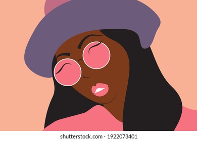 Abstract face portrait of a girl with 
tanned skin in hat and sunglasses. Colors of pink, purple and coffee. Flat and minimal illustration. Weird expression, smiling eyes. 