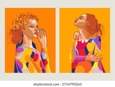 Ilustración vectorial Abstractas de la muchacha del retrato de la cara. Cubismo artístico, geométrico, patrón de Formas con colores vibrantes para el arte de la pared, impresión, cartel y decoración.