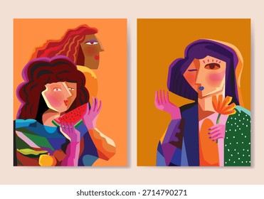 Ilustración vectorial Abstractas de la muchacha del retrato de la cara. Cubismo artístico, geométrico, patrón de Formas con colores vibrantes para el arte de la pared, impresión, cartel y decoración.