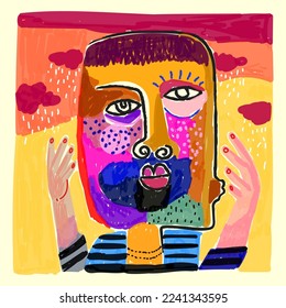 Abstract face portrait line art vector illustration background.