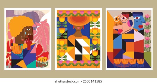 Abstract face portrait line art, doodle, geometric, decorative hand drawn vector illustration. Aesthetic design for wall art, cards, poster, cover and art print.