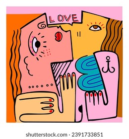 Abstract face portrait, lips, eyes hand drawn vector. Artistic, geometric, decorative stylist art print.