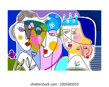 Abstract face portrait man, woman, hand drawing vector illustration. Trendy modern art facial abstraction.