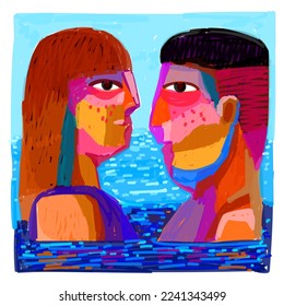 Portrait abstrait, homme et femme, illustration vectorielle sur fond abstrait.