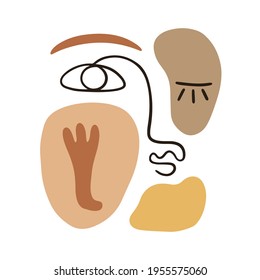 Abstract face portrait with neutral colors shapes. Fashion One line drawing fun primitive character art. Vector lines modern poster, minimalistic style. Continuous linear art, t shirt print.
