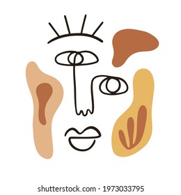 Abstract face portrait with neutral colors shapes. Fashion One line drawing fun primitive character art. Vector lines modern poster, minimalistic style. Continuous linear art, t shirt print.