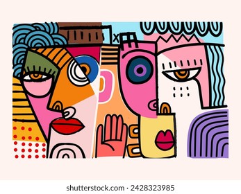 Abstract face portrait person geometric, doodle, line art hand drawn vector illustration. Aesthetic design for art print, wall art, banner, cover, poster and decoration.