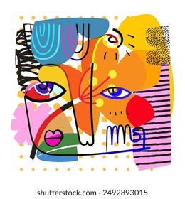 Abstractas rostro retrato mujer y hombre línea geométrica doodle arte dibujado a mano Ilustración vectorial. Estética vintage personas arte de la pared, decoración, impresión de arte, póster, diseño de portada.