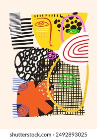 Abstract face portrait woman and man geometric doodle line art hand drawn vector illustration. Aesthetic vintage people wall art, decoration, art print, poster, cover design.