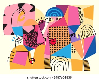 Abstract face portraits geometric, shapes, doodle , decorative hand drawn vector illustration wall art. Cubism male and female portrait aesthetic design for poster, cover.