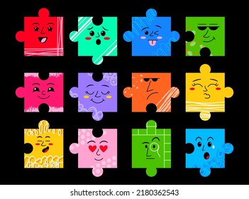 Abstract face puzzle characters. Comic doodle emotions. Cute mouth or eye shapes. Jigsaw color pieces set. Smile creatures with texture. Facial expressions. Vector illustration design