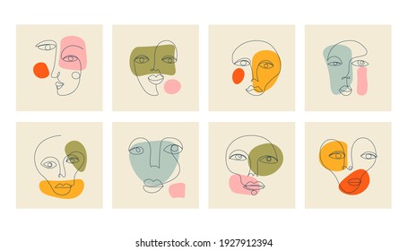 Abstract face set. Hand drawn organic shapes, continuous line minimalistic elegant posters. Contemporary vector illustration