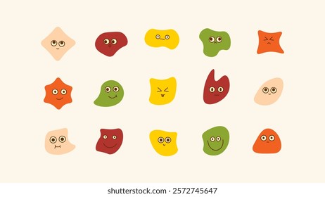 Abstract face shapes expressing different emotions. Vector doodle mascot characters with smiling expressions. Retro-style, groovy cartoon hippie stickers inspired by the 90s