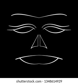 Abstract face symbol, icon black background. Black and white cartoon face. Contour face drawing, sketch, graphic.