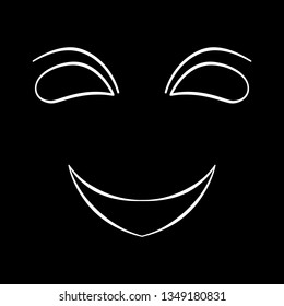 Abstract face symbol, icon black background. Black and white cartoon face. Contour face drawing, sketch, graphic.