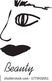 Ein abstraktes Gesicht mit schwarzem Auge, Nase, Lippen, Augenbrauen. Aufschrift "Beauty"