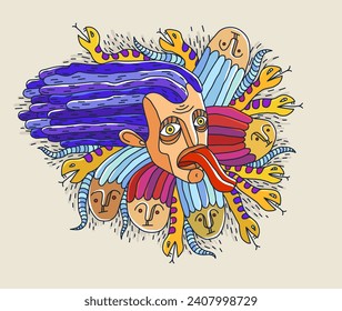 Abstract face vector art, illustration of face stylized artistic style, human abstraction art, surreal and bizarre portrait.