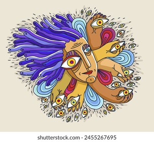 Abstract face vector art, illustration of face stylized artistic style, human abstraction art, surreal and bizarre portrait.