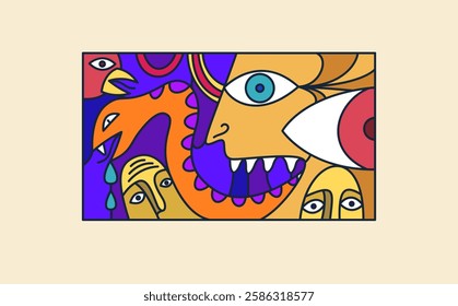 Abstract face vector art, illustration of face stylized artistic style, human abstraction art, surreal and bizarre portrait.