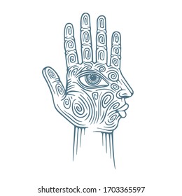 Abstract face vector illustration. Hand drawn palm with eye. 