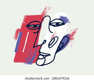 Abstract face vector portrait, abstraction art man head, hand drawn minimal modern artwork, painted human facial abstraction.