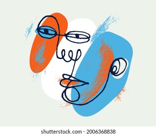 Abstract face vector portrait, abstraction art man head, hand drawn minimal modern artwork, painted human facial abstraction.