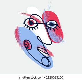 Abstract face vector portrait, abstraction art man head, hand drawn minimal modern artwork, painted human facial abstraction.