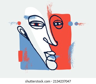 Abstract face vector portrait, abstraction art man head, hand drawn minimal modern artwork, painted human facial abstraction.