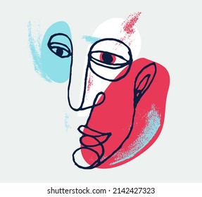 Abstract face vector portrait, abstraction art man head, hand drawn minimal modern artwork, painted human facial abstraction.