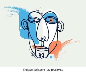 Abstract face vector portrait, abstraction art man head, hand drawn minimal modern artwork, painted human facial abstraction.