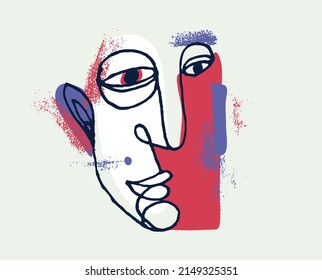 Abstract face vector portrait, abstraction art man head, hand drawn minimal modern artwork, painted human facial abstraction.