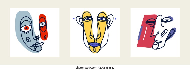 Abstract face vector portrait set, abstraction art man head, hand drawn minimal modern artwork, painted human facial abstraction.