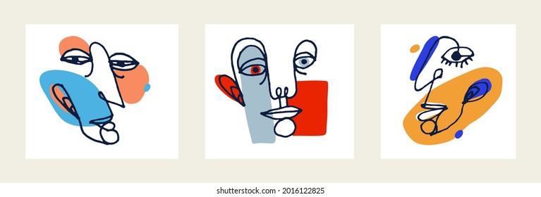 Abstract face vector portrait set, abstraction art man head, hand drawn minimal modern artwork, painted human facial abstraction.