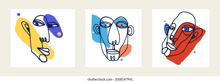 Abstract face vector portrait set, abstraction art man head, hand drawn minimal modern artwork, painted human facial abstraction.