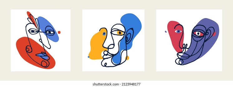 Abstract face vector portrait set, abstraction art man head, hand drawn minimal modern artwork, painted human facial abstraction.