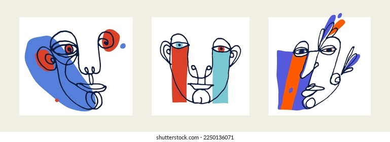 Abstract face vector portrait set, abstraction art man head, hand drawn minimal modern artwork, painted human facial abstraction.