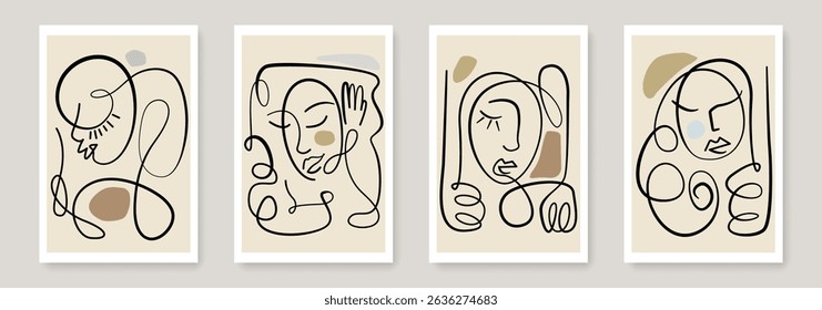 Abstract Face Wall Art Poster Set. Vector Minimalist Trendy Linear Design for Wall Art, Prints, Social Media, Posters, Invitations, Branding Design. Hand Drawn Portrait Background Design. Not AI