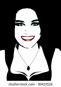 abstract face of young lady with red lips and green eyes on black background