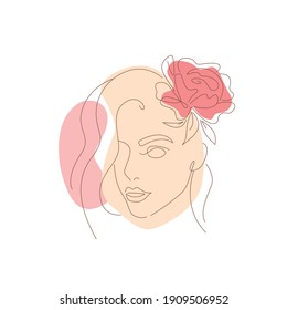 abstract face of young woman with flower, linear illustration with pastel spots on white background