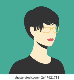 Abstract faceless half turned portrait of a female in eyeglasses with short haircut. Woman abstract avatar. Vector illustration