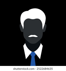 Abstractas hombre sin rostro con silueta de bigote en corbata azul. Emblema masculino oscuro del avatar de la silueta. Ilustración vectorial