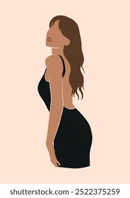 Abstract faceless portrait of a brown woman with in an elegant black dress, minimalist design featuring a stylish female figure, isolated vector illustration